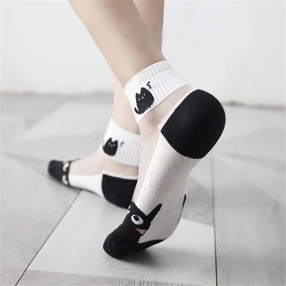 Cat Print Summer Socks - 5 Pairs Breathable Short Socks for Women