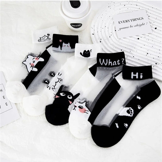 Cat Print Summer Socks - 5 Pairs Breathable Short Socks for Women