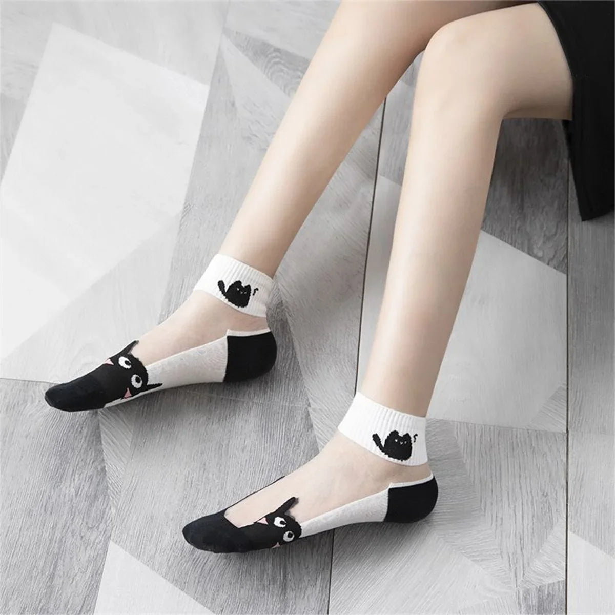 Cat Print Summer Socks - 5 Pairs Breathable Short Socks for Women
