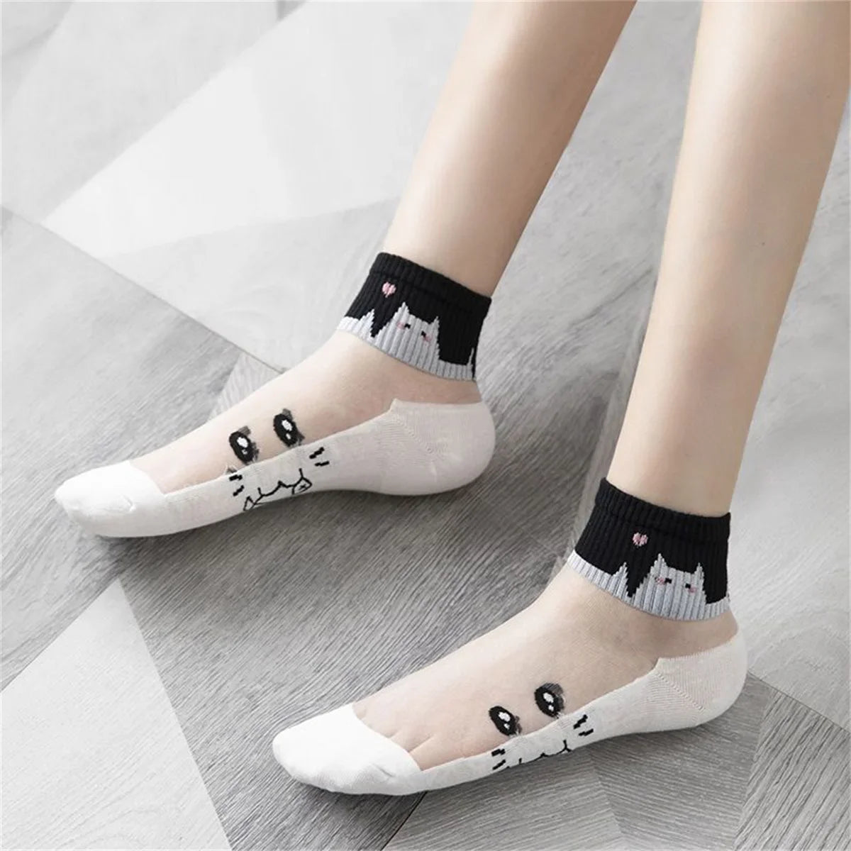 Cat Print Summer Socks - 5 Pairs Breathable Short Socks for Women