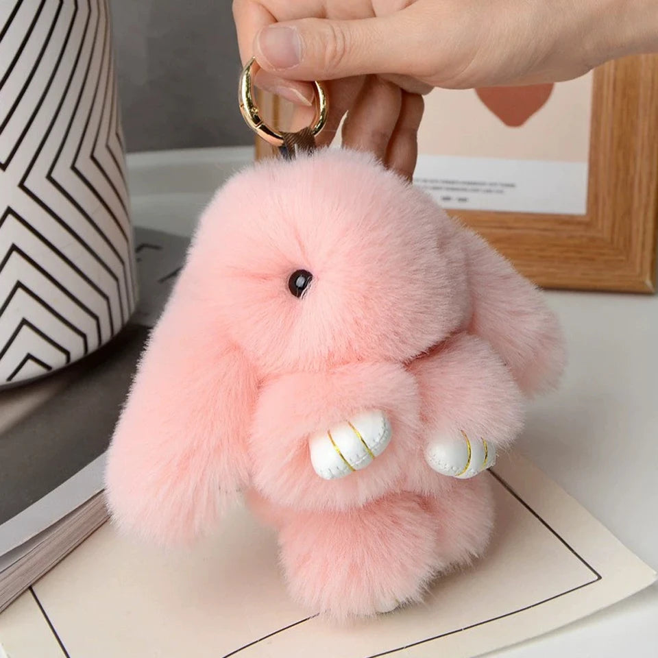 Fluffy Rabbit Fur Keychain - 15cm Bunny Pompom Key Ring Gift