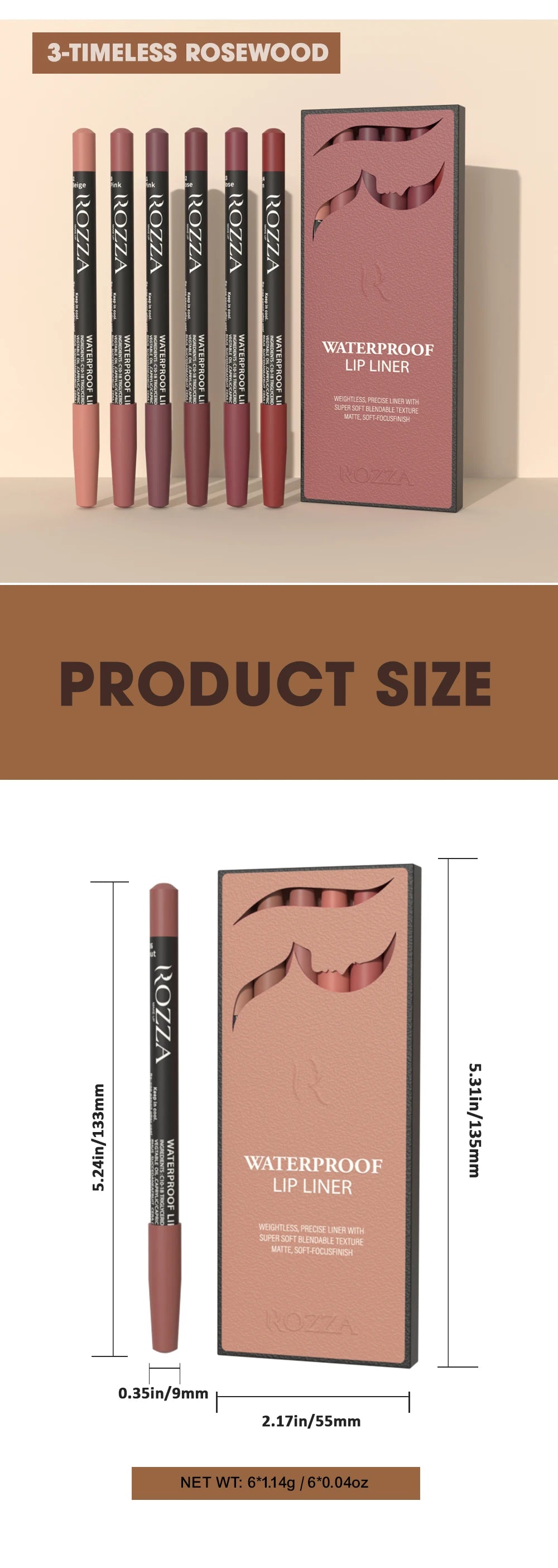 Rozza Waterproof Lip Liner Set - 6 Matte Soft Blendable Pencils for Precise Definition