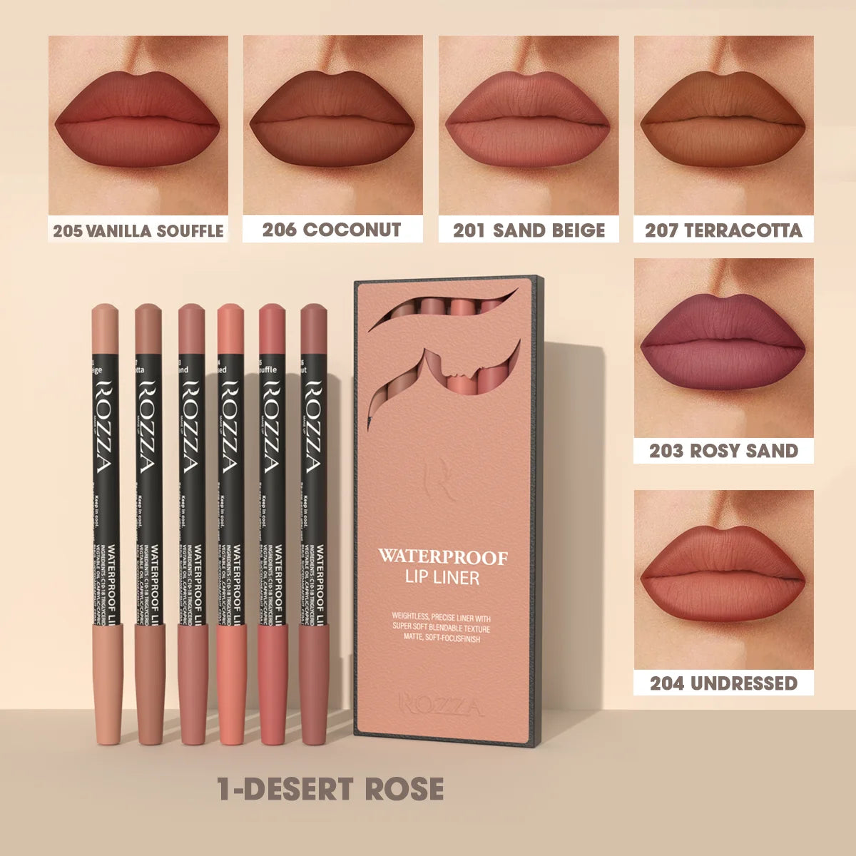 Rozza Waterproof Lip Liner Set - 6 Matte Soft Blendable Pencils for Precise Definition