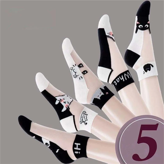 Cat Print Summer Socks - 5 Pairs Breathable Short Socks for Women