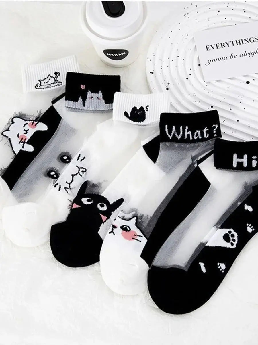 Cat Print Summer Socks - 5 Pairs Breathable Short Socks for Women