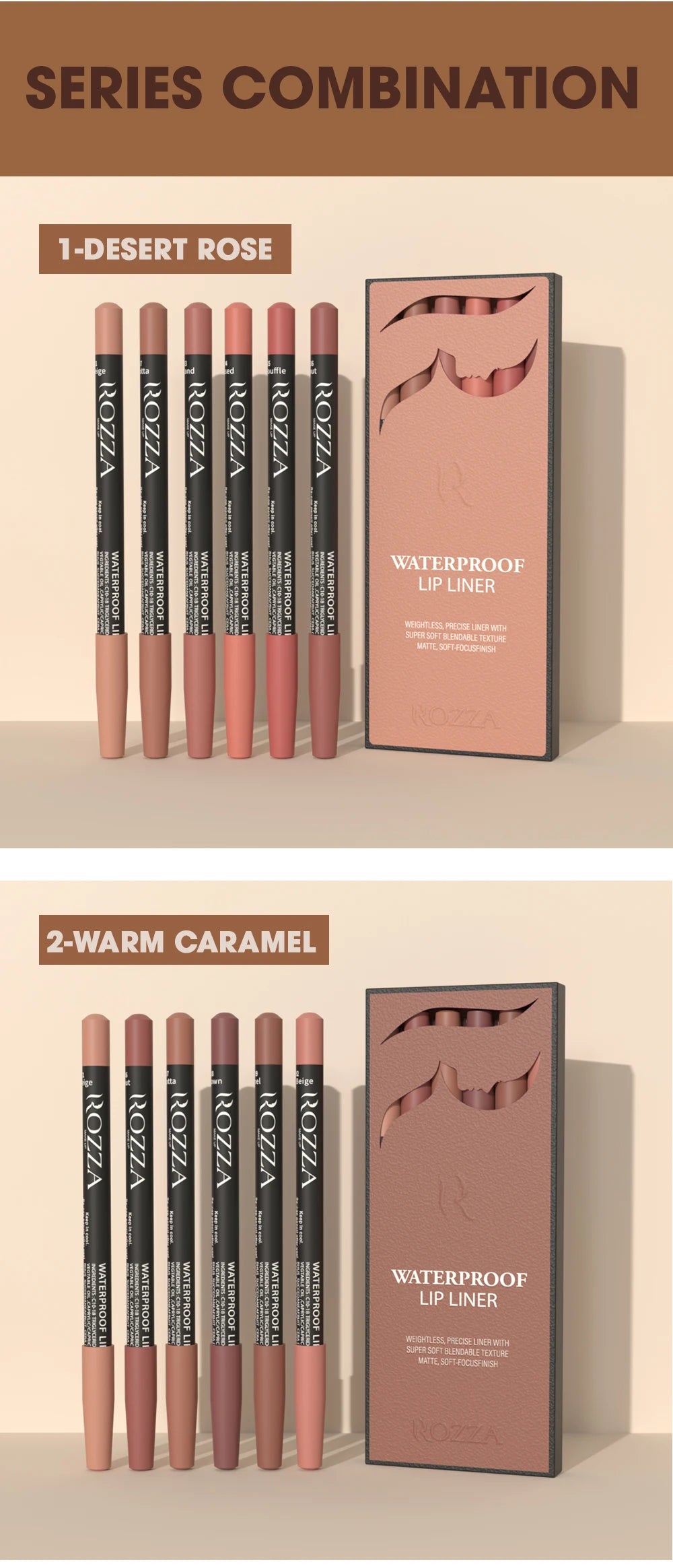 Rozza Waterproof Lip Liner Set - 6 Matte Soft Blendable Pencils for Precise Definition