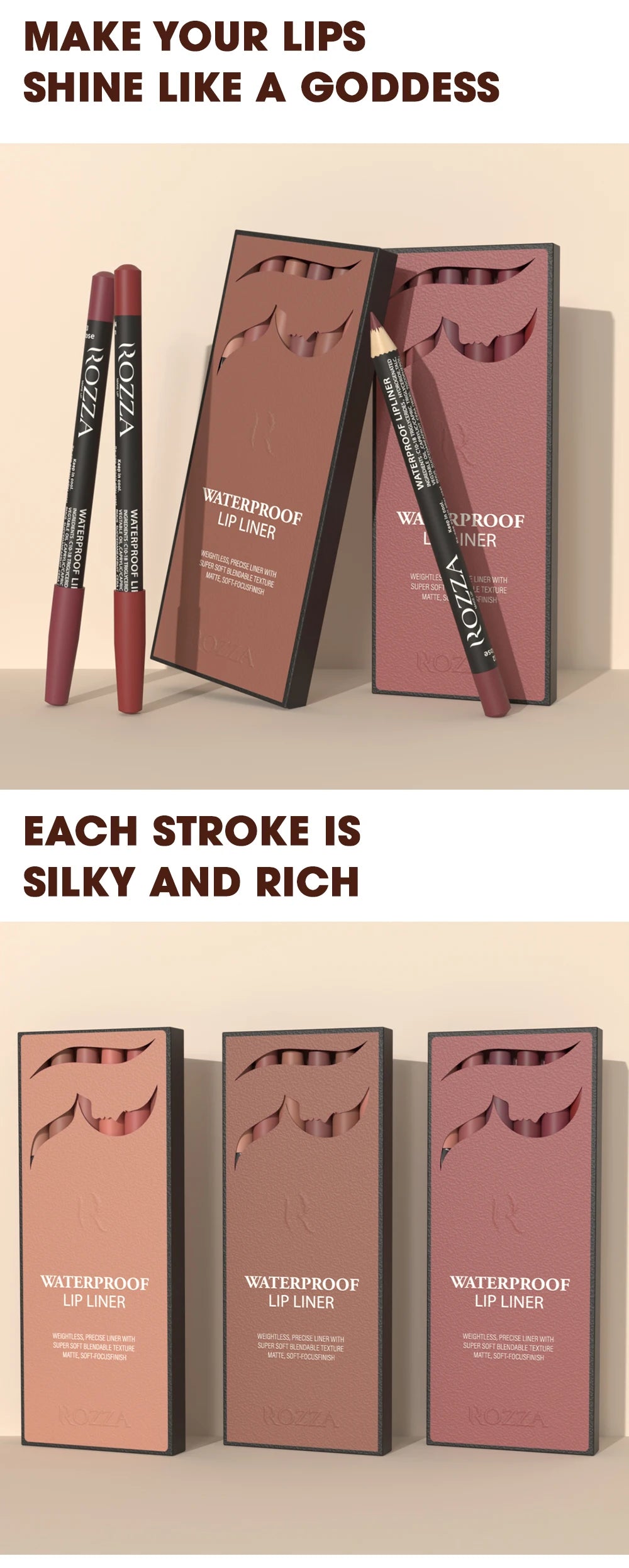 Rozza Waterproof Lip Liner Set - 6 Matte Soft Blendable Pencils for Precise Definition