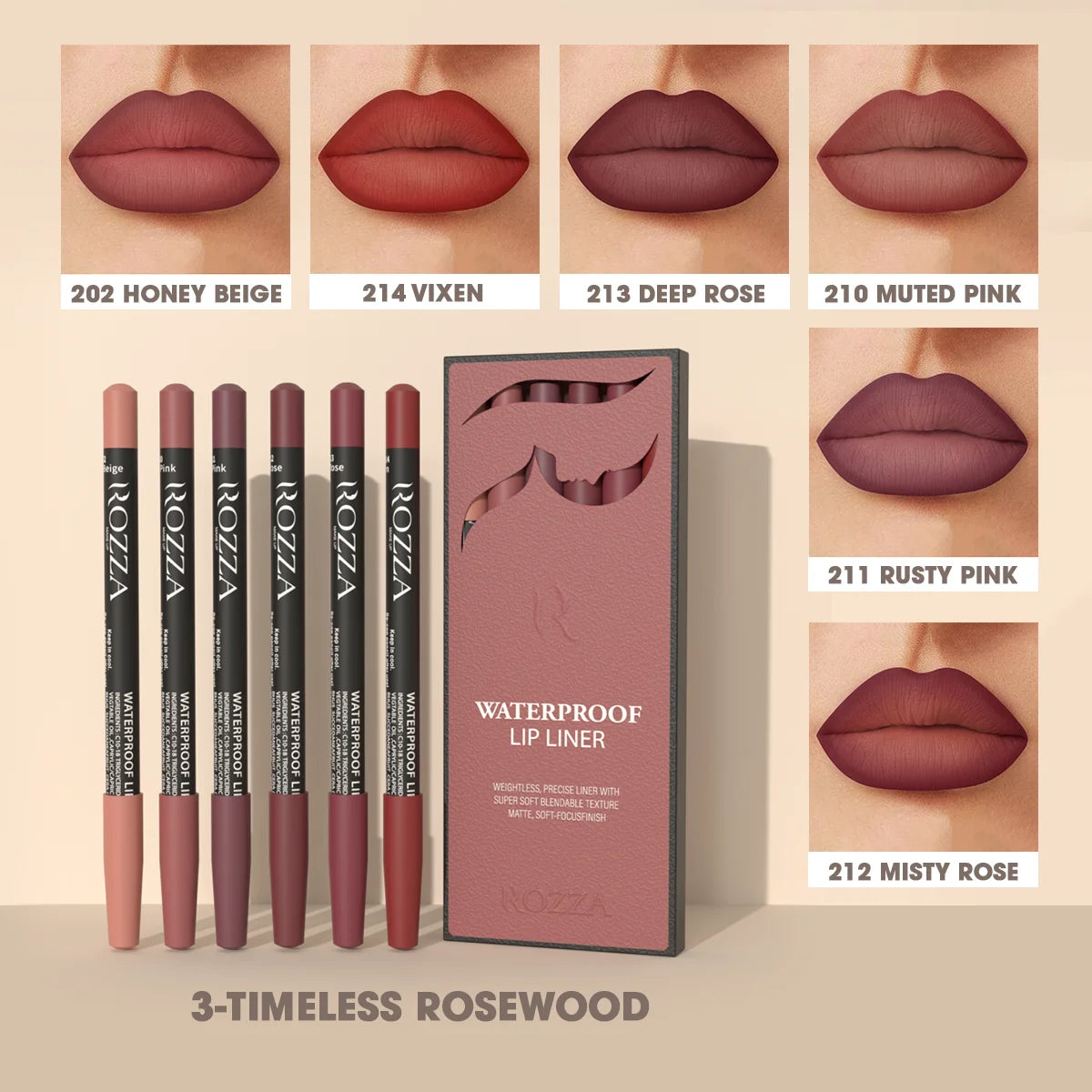 Rozza Waterproof Lip Liner Set - 6 Matte Soft Blendable Pencils for Precise Definition