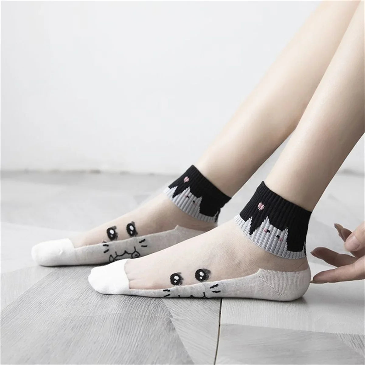 Cat Print Summer Socks - 5 Pairs Breathable Short Socks for Women