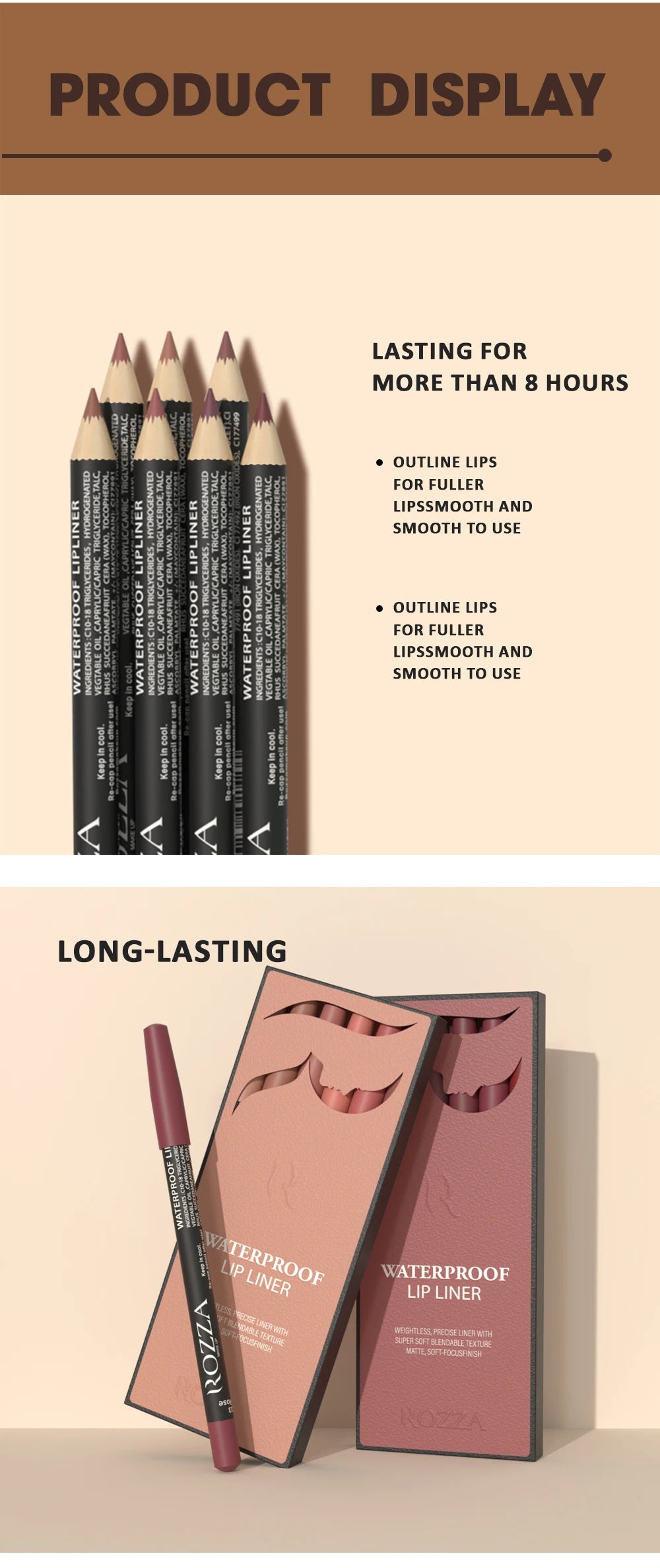 Rozza Waterproof Lip Liner Set - 6 Matte Soft Blendable Pencils for Precise Definition