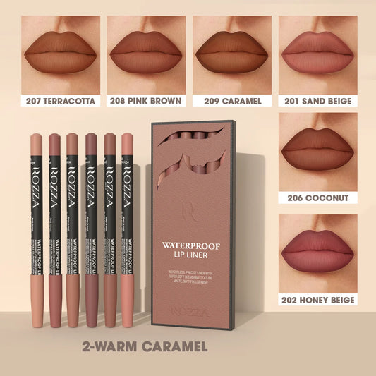 Rozza Waterproof Lip Liner Set - 6 Matte Soft Blendable Pencils for Precise Definition