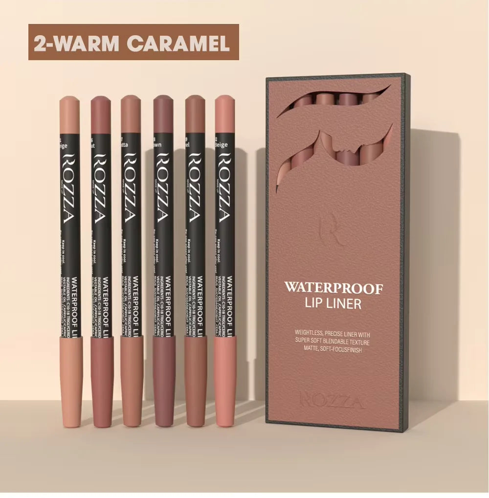 Rozza Waterproof Lip Liner Set - 6 Matte Soft Blendable Pencils for Precise Definition